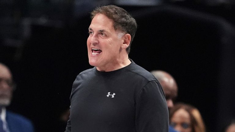 Dallas Mavericks owner Mark Cuban shouts in the direction of an official in the second half of an NBA basketball game against the Sacramento Kings in Dallas, Monday, March 3, 2025. (Tony Gutierrez/AP)