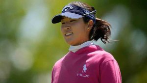Andrea Lee reacts after sinking her putt on the ninth green during the first round of the Mizuho Americas Open LPGA golf tournament, Thursday, May 7, 2026, in West Caldwell, N.J. (Seth Wenig/AP)