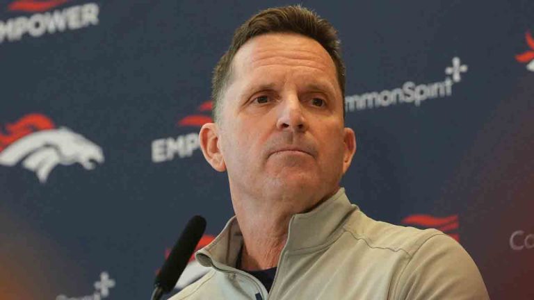 Denver Broncos general manager George Paton responds to question during a season-ending news conference, Jan. 27, 2026, at the NFL football team's headquarters in Centennial, Colo. (David Zalubowski/AP)