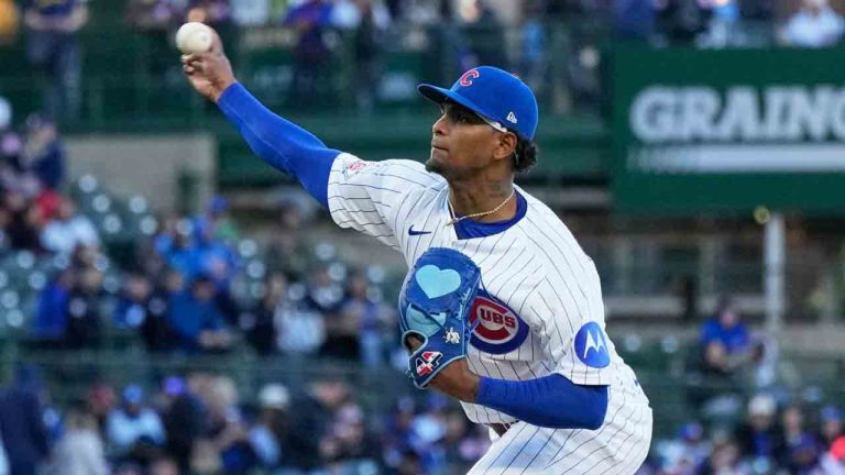 Chicago Cubs starting pitcher Edward Cabrera throws against the Milwaukee Brewers during the first inning of a baseball game in Chicago, Wednesday, May 20, 2026. (Nam Y. Huh/AP)