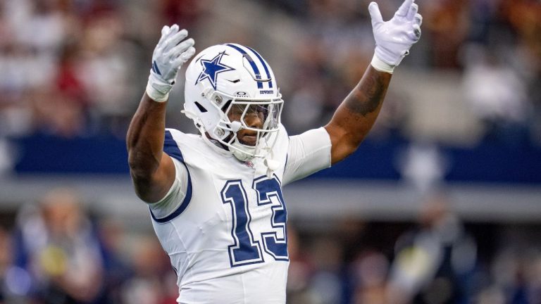 Dallas Cowboys defensive end Dante Fowler Jr. hypes the crowd during a football game against the Washington Commanders, Sunday, Oct. 19, 2025, in Arlington, Texas. (Jeffrey McWhorter/AP)
