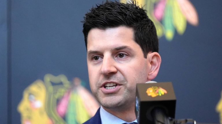 Chicago Blackhawks General manager Kyle Davidson speaks at a news conference during the team's NHL hockey camp Thursday, Sept. 19, 2024, in Chicago. (Charles Rex Arbogast/AP)