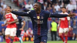 PSG's Ousmane Dembele celebrates after scoring from a penalty kick during the Champions League final soccer match between Paris Saint-Germain and Arsenal in Budapest, Hungary, Saturday, May 30, 2026. (Armin Durgut/AP)