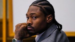 Former New England Patriots wide receiver Stefon Diggs listens to closing arguments during his trial at Norfolk County District Court, Tuesday, May 5, 2026, in Dedham, Mass. (Charles Krupa, Pool/AP)