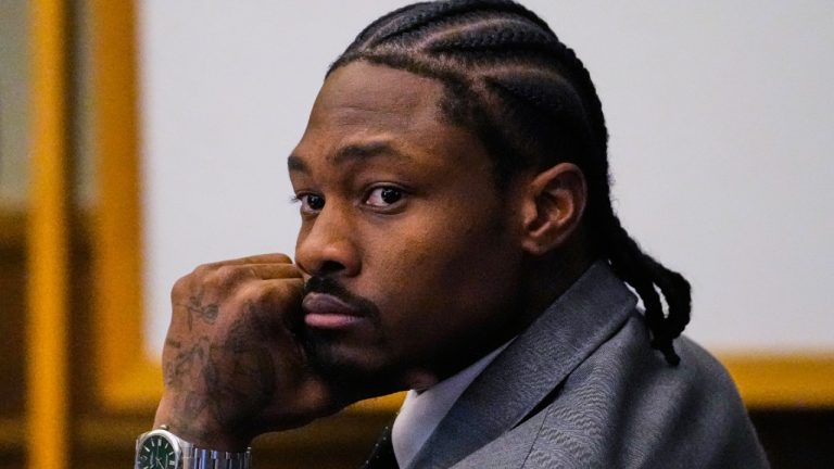 Former New England Patriots wide receiver Stefon Diggs listens to closing arguments during his trial at Norfolk County District Court, Tuesday, May 5, 2026, in Dedham, Mass. (Charles Krupa, Pool/AP)