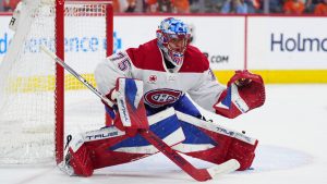 Montreal Canadiens goaltender Jakub Dobes in action during an NHL hockey game against the Philadelphia Flyers, Tuesday, April 14, 2026, in Philadelphia. (Derik Hamilton/AP Photo)