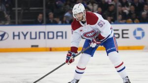 Montreal Canadiens' Noah Dobson (53) during the first period of an NHL hockey game against the New York Rangers Thursday, April 2, 2026, in New York. (Frank Franklin II/AP)