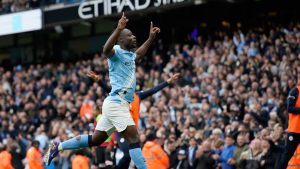 Manchester City's Jeremy Doku celebrates after scoring the opening goal during the English Premier League soccer match between Manchester City and Brentford in Manchester, Saturday, May 9, 2026. (Dave Thompson/AP)
