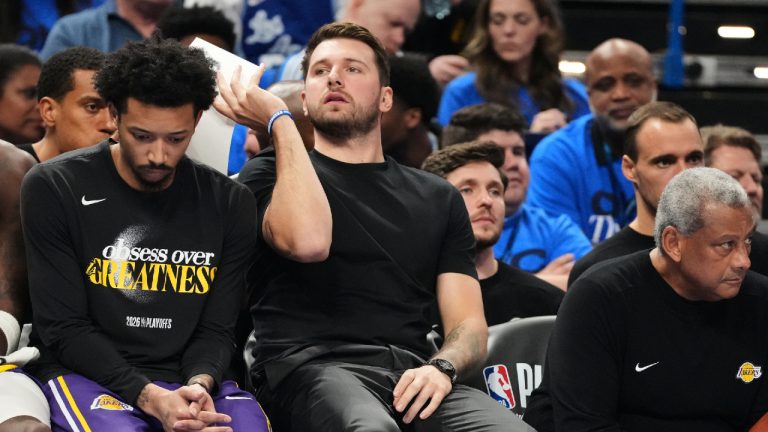 Los Angeles Lakers' Luka Doncic sits on the bench watching play in the second half of Game 1 in a second-round NBA basketball playoffs series agains the Oklahoma City Thunder Tuesday, May 5, 2026 in Oklahoma City. (Kyle Phillips/AP)