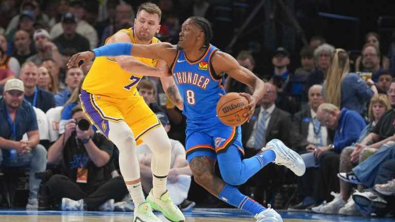 Oklahoma City Thunder forward Jalen Williams, right, drives past Los Angeles Lakers guard Luka Doncic, left, during the first half of an NBA basketball game, Tuesday, April 8, 2025, in Oklahoma City. (Kyle Phillips/AP Photo)