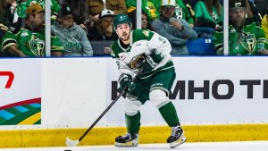 Everett Silvertips defenceman Landon DuPont plays in the 2026 WHL final against the Prince Albert Raiders. (Mark Peterson/Prince Albert Raiders)
