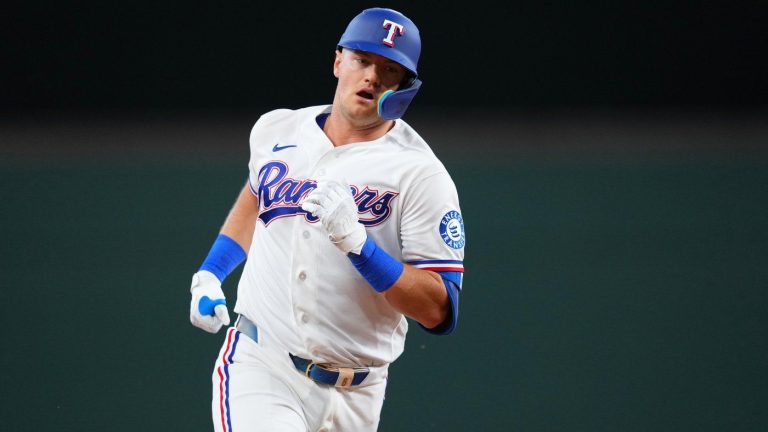 Texas Rangers' Josh Jung runs the bases after hitting a solo home run against the Chicago Cubs during the second inning of a baseball game Saturday, May 9, 2026, in Arlington, Texas. (Julio Cortez/AP)