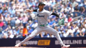 Miami Marlins pitcher Eury Pérez (39) works against the Toronto Blue Jays during first inning MLB baseball action in Toronto on Wednesday, May 27, 2026. (Chris Young/CP)