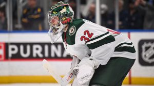 Minnesota Wild goaltender Filip Gustavsson (32) looks on during the second period of an NHL hockey game against the St. Louis Blues Monday, April 13, 2026, in St. Louis. (Connor Hamilton/AP)