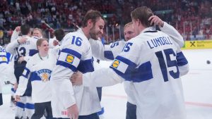 Finland players celebrate after winning the gold medal during a 2026 IIHF Men's Ice Hockey World Championship final match between Switzerland and Finland, in Zurich, Switzerland, Sunday, May 31, 2026. (Darko Bandic/AP Photo)