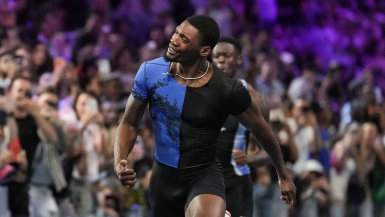 Fred Kerley, of the United States, wins the men's 100-metre final at the Enhanced Games in Las Vegas, Sunday, May 24, 2026. (Jae C. Hong/AP)