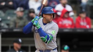 Toronto Blue Jays' George Springer (4) plays during a baseball game against the Chicago White Sox, Friday, April 3, 2026, in Chicago. (Erin Hooley/AP)