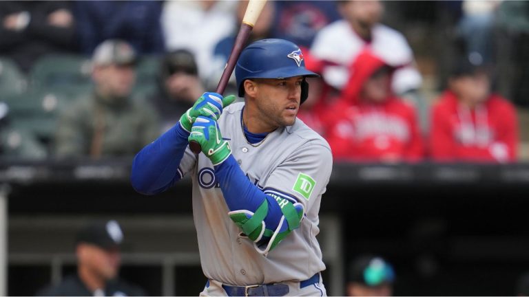Toronto Blue Jays' George Springer (4) plays during a baseball game against the Chicago White Sox, Friday, April 3, 2026, in Chicago. (Erin Hooley/AP)
