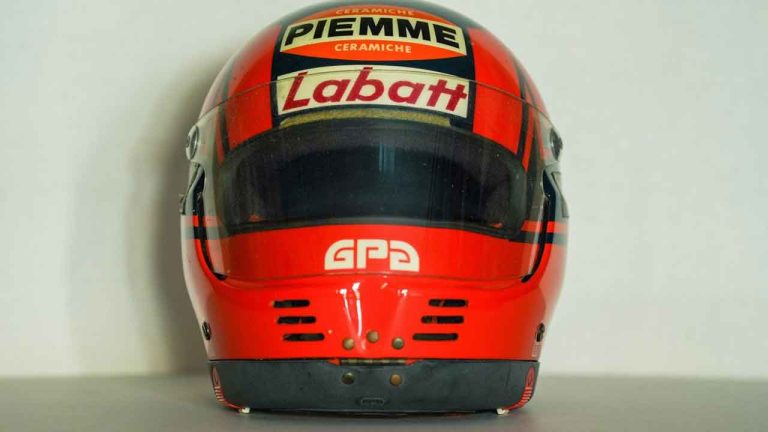 Gilles Villeneuve’s helmet, as shown in this handout photo, from his final Formula One race in 1982. (Hall of Fame Collection/THE CANADIAN PRESS)