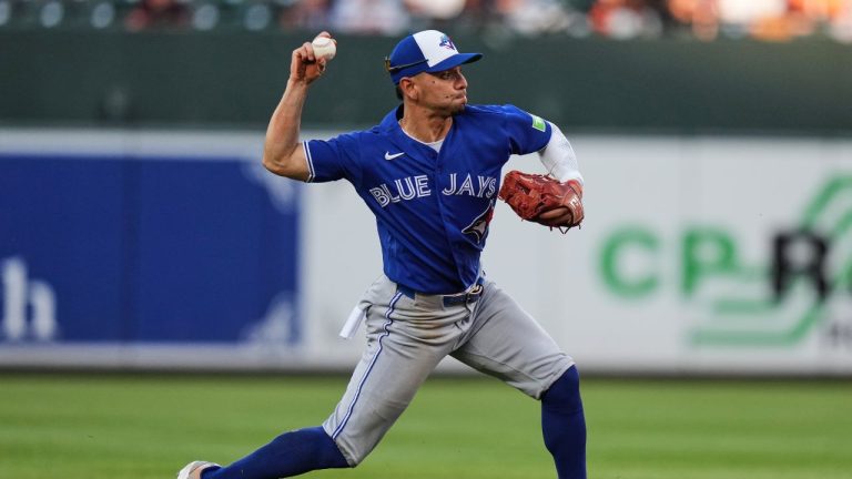 Toronto Blue Jays shortstop Andrés Giménez throws to first base for an out against Baltimore Orioles' Taylor Ward during the third inning of a baseball game, Thursday, May 28, 2026, in Baltimore. (Stephanie Scarbrough/AP Photo)