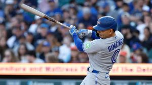 Toronto Blue Jays' Andres Gimenez hits a two-run double against the Detroit Tigers during the second inning of a baseball game, Friday, May 15, 2026, in Detroit. (Duane Burleson/AP)