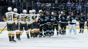 Utah Mammoth congratulate the Vegas Golden Knights after the game win to advance of Game 6 in the first round of an NHL hockey Stanley Cup playoff series, Friday, May 1, 2026, in Salt Lake City. (Melissa Majchrzak/AP)