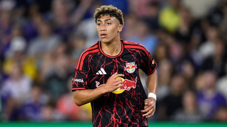 New York Red Bulls forward Julian Hall (16) follows a play during an MLS soccer match against Orlando City, Saturday, Feb. 21, 2026, in Orlando, Fla. (Phelan M. Ebenhack/AP Photo)