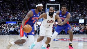 Detroit Pistons forward Tobias Harris, left, looks for a shot against Cleveland Cavaliers center Evan Mobley (4) during the first half of Game 7 in a second-round NBA basketball playoffs series, Sunday, May 17, 2026, in Detroit. (Duane Burleson/AP)