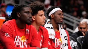 Atlanta Hawks forward Jalen Johnson (1) looks on after Game 6 in a first-round NBA basketball playoffs series against the New York Knicks Thursday, April 30, 2026, in Atlanta. (Brynn Anderson/AP)