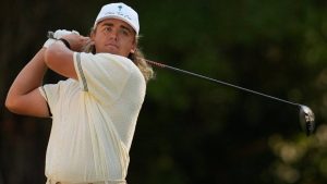 Garrick Higgo, of South Africa, hits from the 12th tee during the second round at the RBC Heritage golf tournament, Friday, April 17, 2026, in Hilton Head Island, S.C. (Mike Stewart/AP)