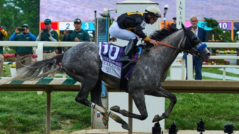 Paco Lopez, atop Napoleon Solo, wins the 151st running of the Preakness Stakes horse race, Friday, May 15, 2026, at Laurel Park in Laurel, Md. (AP/Stephanie Scarbrough)