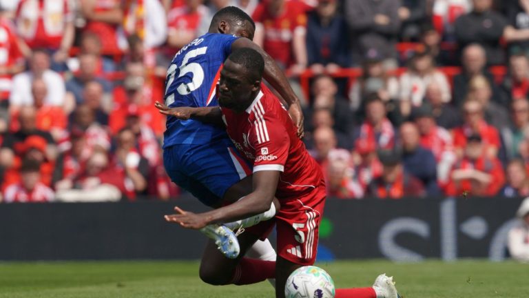 Chelsea's Moises Caicedo., left, and Liverpool's Ibrahima Konate fight for the ball during the Premier League soccer match between Liverpool and Chelsea in Liverpool, England, Saturday, May 9, 2026. (Ian Hodgson/AP)