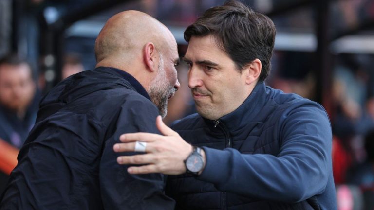 Manchester City's head coach Pep Guardiola, left, greets Bournemouth's head coach Andoni Iraola before the English Premier League soccer match between AFC Bournemouth and Manchester City in Bournemouth, England, Tuesday, May 19, 2026. (Ian Walton/AP)
