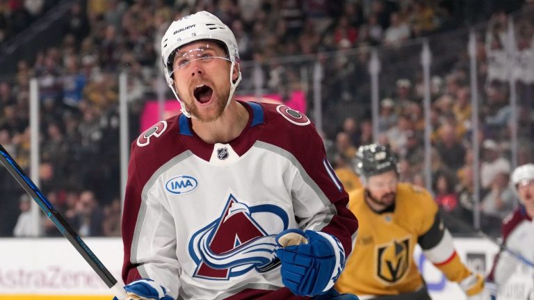 Colorado Avalanche centre Jack Drury celebrates after scoring during the first period in Game 3 of the Western Conference finals NHL hockey Stanley Cup playoff series against the Vegas Golden Knights, Sunday, May 24, 2026, in Las Vegas. (Mark J. Terrill/AP)