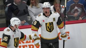 Vegas Golden Knights centre Jack Eichel, right, is congratulated after scoring by right wing Pavel Dorofeyev, left, during the third period in Game 2 of the Western Conference finals NHL hockey Stanley Cup playoff series against the Colorado Avalanche, Friday, May 22, 2026, in Denver. (David Zalubowski/AP)