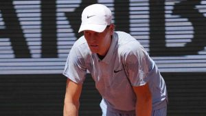 Jannik Sinner of Italy reacts as he plays against Juan Manuel Cerundolo of Argentina during their second round men's singles tennis match at the French Open tennis tournament. (Thibault Camus/AP)