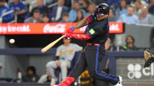 Toronto Blue Jays' Yohendrick Pinango (24) hits a two run RBI double off Pittsburgh Pirates pitcher Bubba Chandler during third inning MLB baseball action in Toronto on Friday, May 22, 2026. (Chris Young/CP)