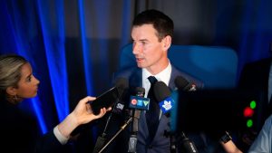 New Toronto Maple Leafs general manager John Chayka speaks during a scrum following a press conference in Toronto on Monday, May 4, 2026. (Arlyn McAdorey/CP)