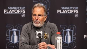 Vegas Golden Knights head coach John Tortorella speaks after the game win against the Utah Mammoth of Game 6 in the first round of an NHL hockey Stanley Cup playoff series, Friday, May 1, 2026, in Salt Lake City. (Melissa Majchrzak/AP)
