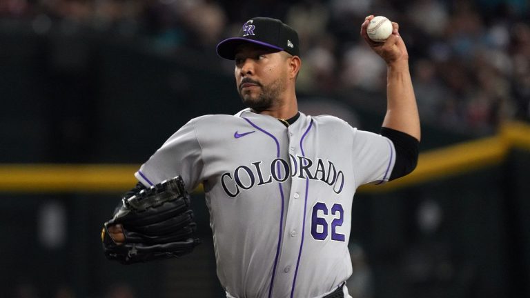 Colorado Rockies pitcher Jose Quintana throws against the Arizona Diamondbacks in the first inning of a baseball game, Sunday, May 24, 2026, in Phoenix. (Rick Scuteri/AP)
