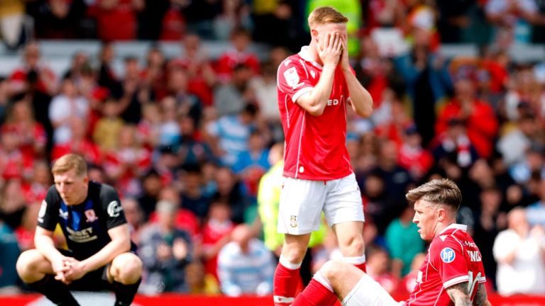 Wrexham's Josh Windass reacts at the end of the EFL Championship soccer match between Wrexham and Middlesbrough, in Wrexham, Wales, Saturday May 2, 2026. (Cody Froggatt/PA via AP)