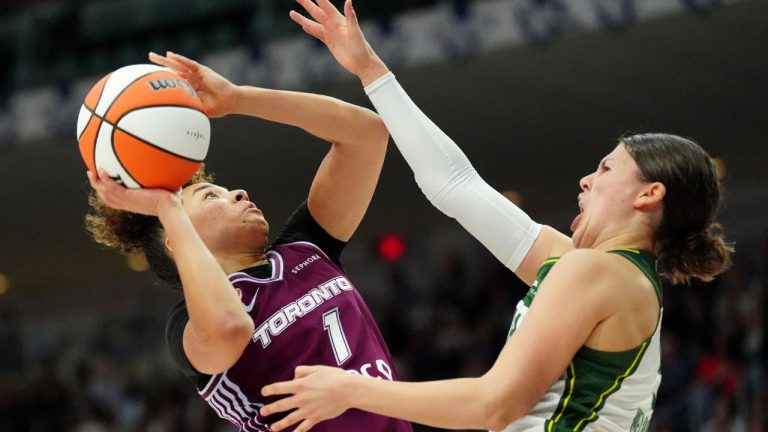 Toronto Tempo guard Kiki Rice (1) drives to the net as Seattle Storm guard Jade Melbourne (5) defends during second half WNBA action in Toronto, Saturday, May 30, 2026. (Frank Gunn/CP)