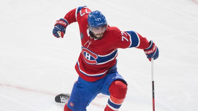 Montreal Canadiens' Kirby Dach (77) celebrates his goal during third period second round, Game 3, NHL playoff action against the Buffalo Sabres, in Montreal on Sunday, May 10, 2026. (Christinne Muschi/CP)