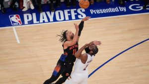 New York Knicks guard Jalen Brunson shoots over Cleveland Cavaliers guard James Harden during the first half of Game 2 in the Eastern Conference finals NBA basketball playoffs series, Thursday, May 21, 2026, in New York. (AP/Yuki Iwamura)