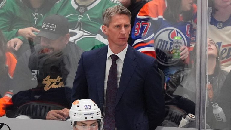 Edmonton Oilers head coach Kris Knoblauch looks on from the bench during the third period of an NHL hockey game against the Dallas Stars Thursday, March 12, 2026, in Dallas. (LM Otero/AP)