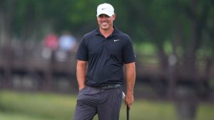 Brooks Koepka smiles while standing on the ninth green during of the first round of the Byron Nelson golf tournament in McKinney, Texas, Thursday, May 21, 2026. (LM Otero/AP)
