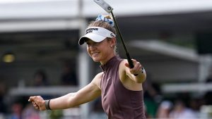 Nelly Korda celebrates after winning the Chevron Championship LPGA golf tournament Sunday, April 26, 2026, in Houston. (David J. Phillip/AP)