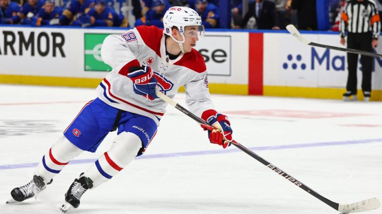 Montreal Canadiens defenceman Lane Hutson (48) carries the puck during the second period in Game 5 of a second-round NHL hockey Stanley Cup playoff series against the Buffalo Sabres Thursday, May 14, 2026, in Buffalo, N.Y. (Jeffrey T. Barnes/AP)