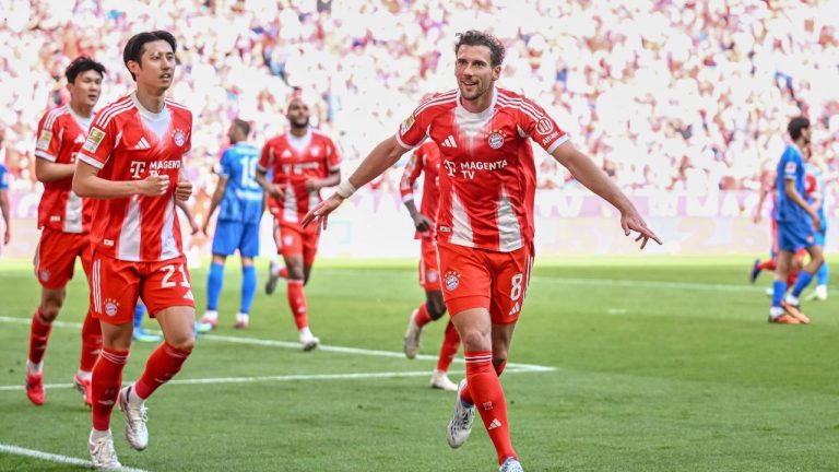 Bayern's Leon Goretzka celebrates scoring their side's second goal of the game during a German Bundesliga soccer match between Bayern Munich and 1. FC Heidenheim in Munich, Germany, Saturday, May 2, 2026. (Harry Langer/dpa via AP)