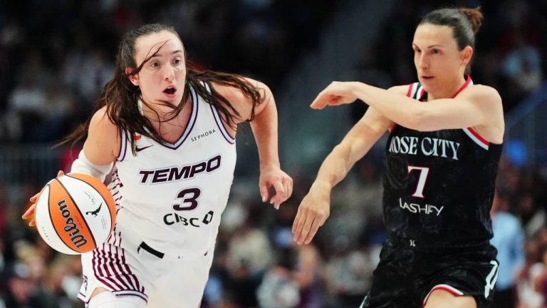 Toronto Tempo's Marina Mabrey (3) drives past Portland Fire's Teja Oblak (7) during second half WNBA basketball action in Toronto on Saturday, May 23, 2026. (Frank Gunn/CP)